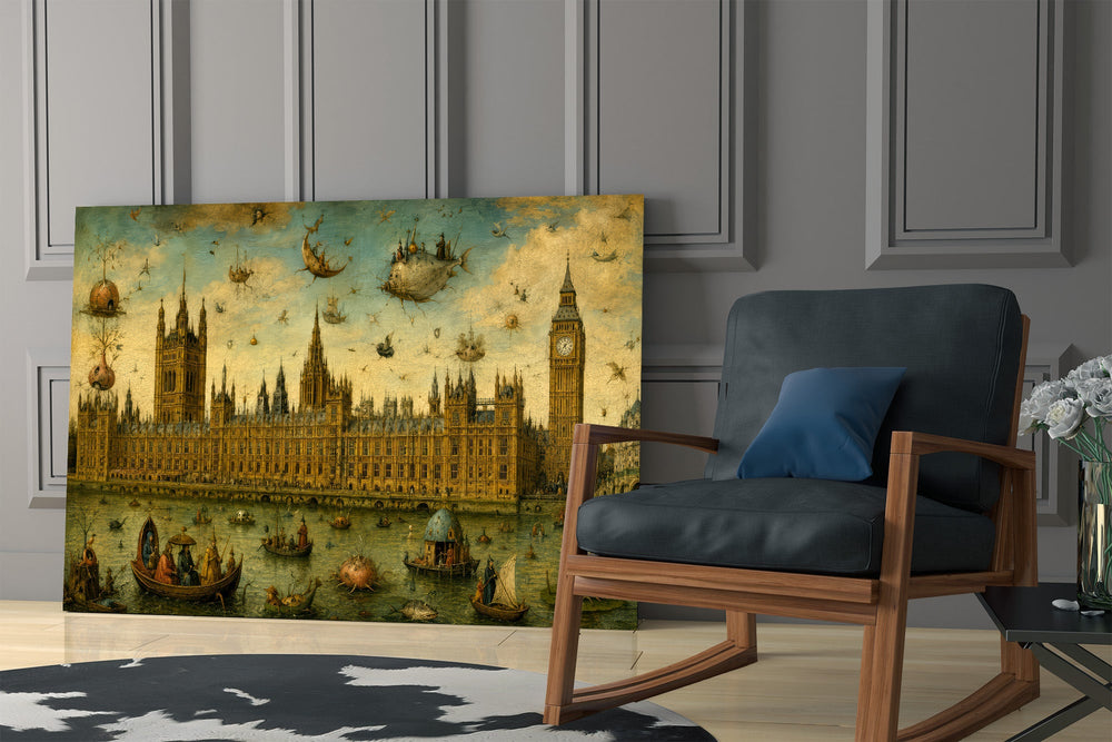 Big Ben Westminster glass wall art hanging as a focal point in a modern room
