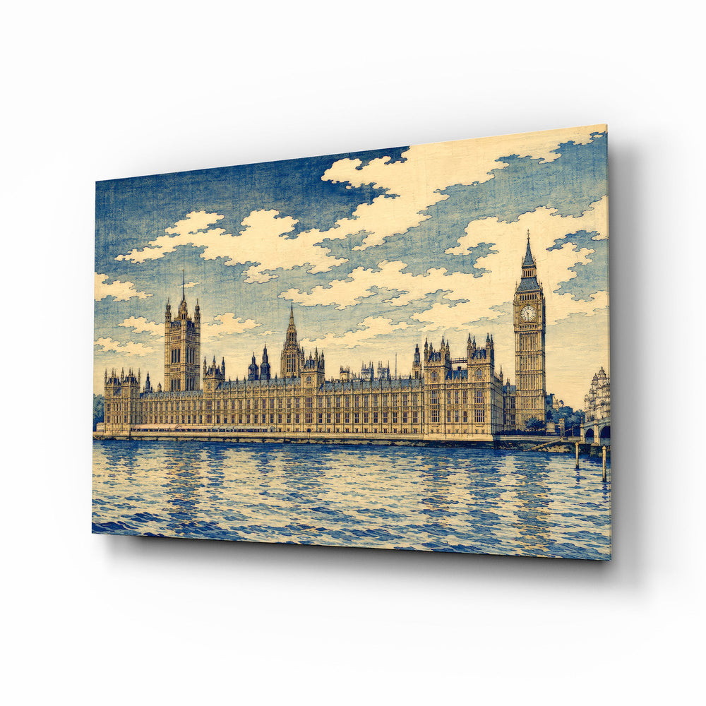 Big Ben Westminster glass wall art, angled view of the tempered glass panel