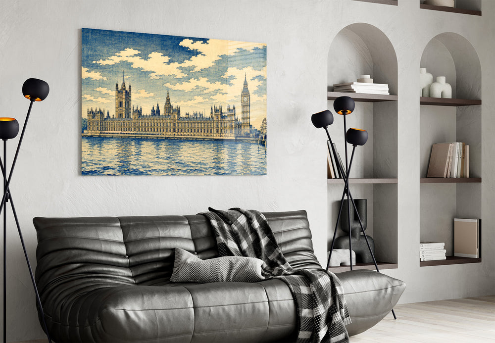 Big Ben Westminster glass wall art styled in a contemporary living room