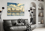 Big Ben Westminster glass wall art styled in a contemporary living room