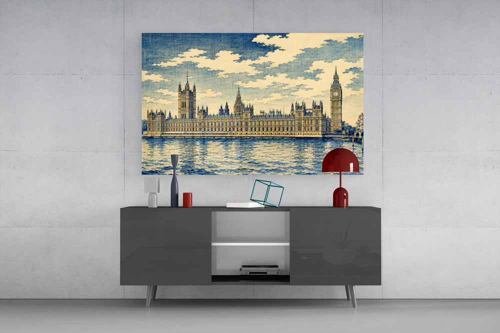 Big Ben Westminster glass wall art displayed above a console in a modern interior