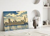 Big Ben Westminster glass wall art leaning against a wall in a minimalist interior