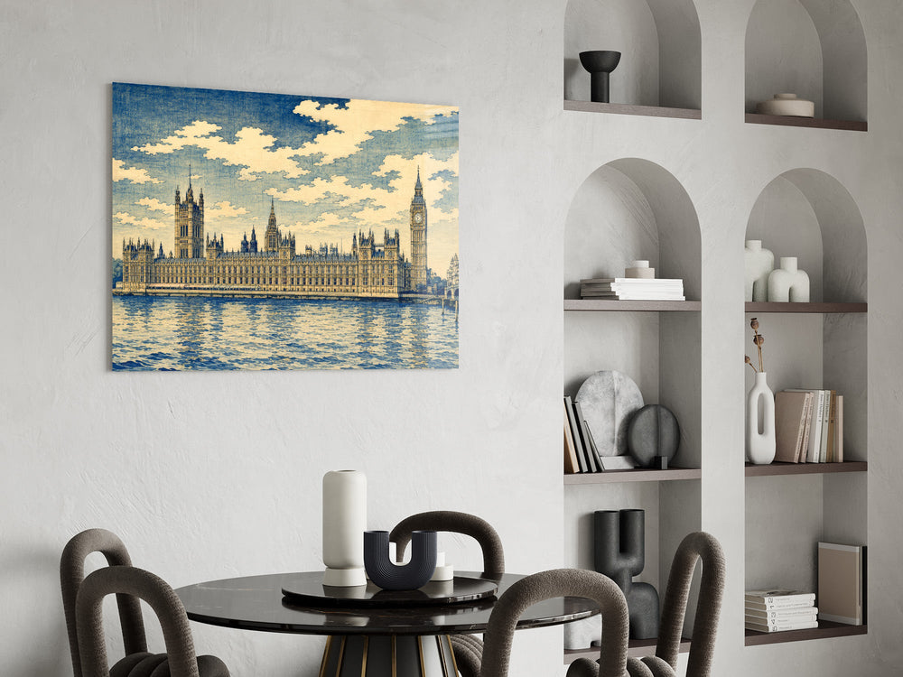Big Ben Westminster glass wall art shown in a warm, styled interior setting