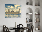 Big Ben Westminster glass wall art shown in a warm, styled interior setting