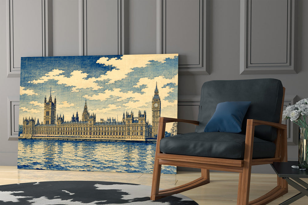 Big Ben Westminster glass wall art hanging as a focal point in a modern room