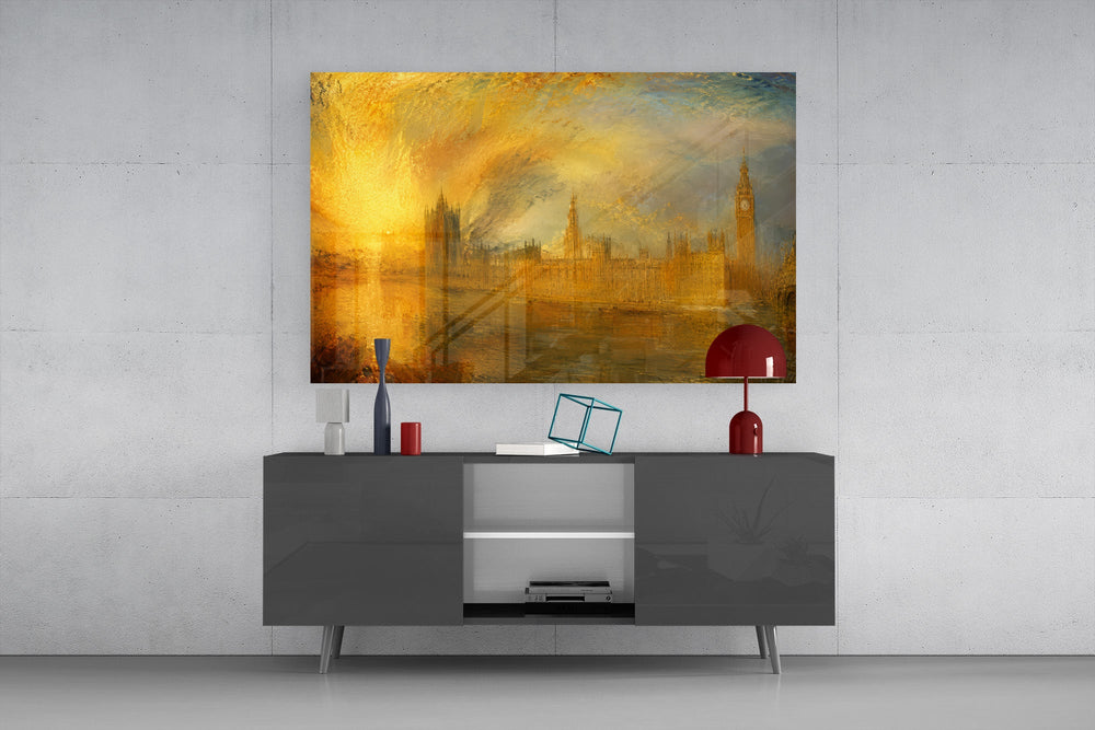 Big Ben Westminster glass wall art displayed above a console in a modern interior