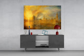 Big Ben Westminster glass wall art displayed above a console in a modern interior