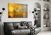 Big Ben Westminster glass wall art styled in a contemporary living room