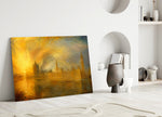 Big Ben Westminster glass wall art leaning against a wall in a minimalist interior