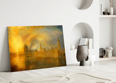 Big Ben Westminster glass wall art leaning against a wall in a minimalist interior