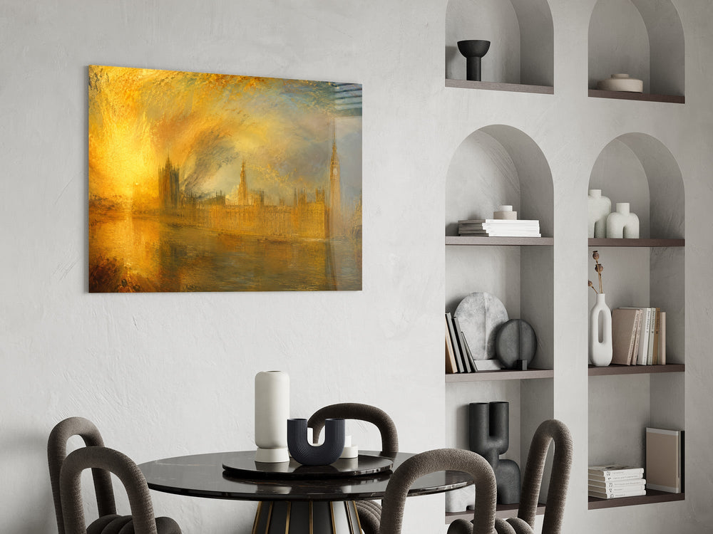 Big Ben Westminster glass wall art shown in a warm, styled interior setting