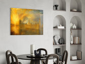 Big Ben Westminster glass wall art shown in a warm, styled interior setting