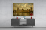 Big Ben Westminster glass wall art displayed above a console in a modern interior
