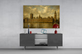Big Ben Westminster glass wall art displayed above a console in a modern interior