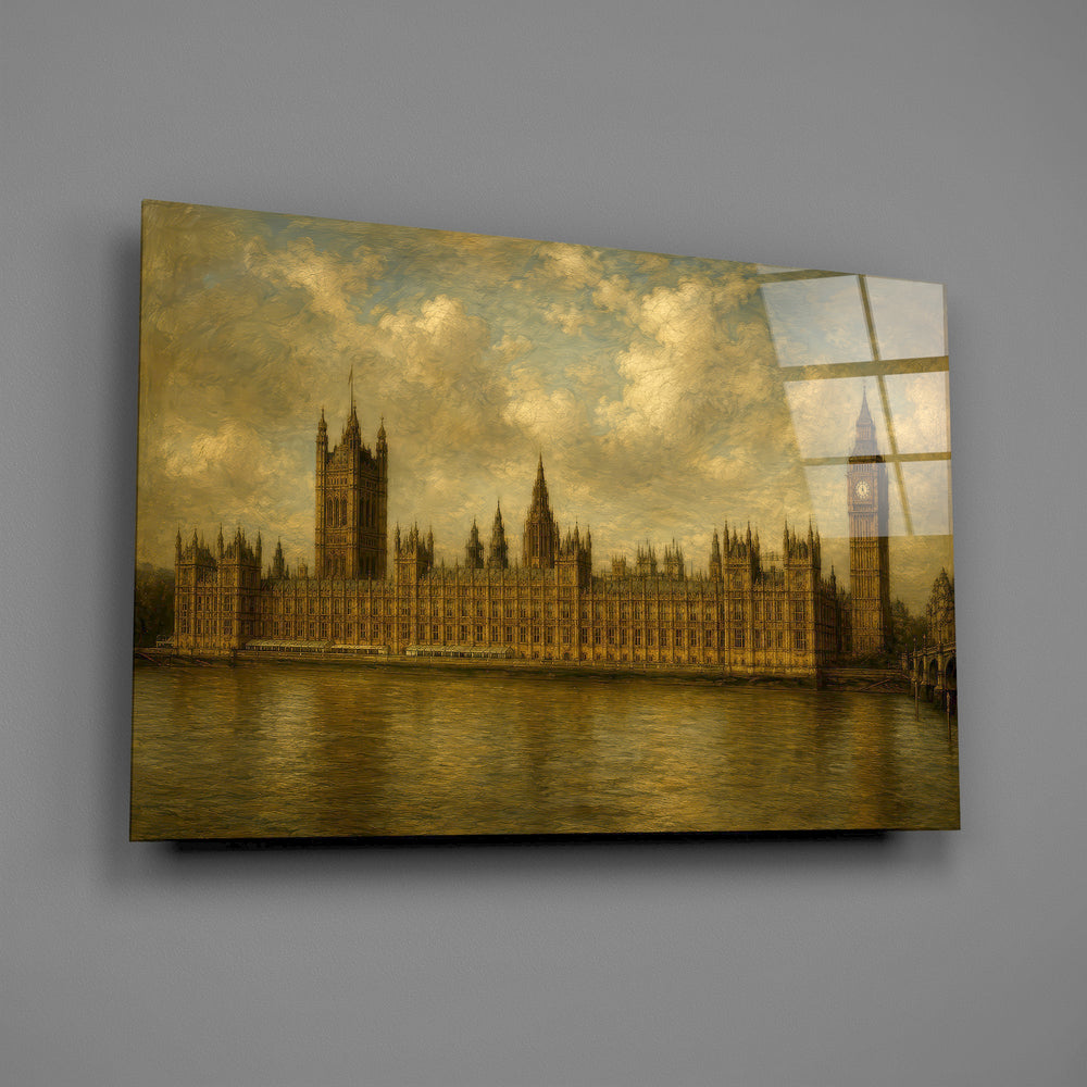 Big Ben Westminster glass wall art mounted flat on a grey wall