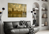 Big Ben Westminster glass wall art styled in a contemporary living room