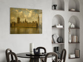 Big Ben Westminster glass wall art shown in a warm, styled interior setting