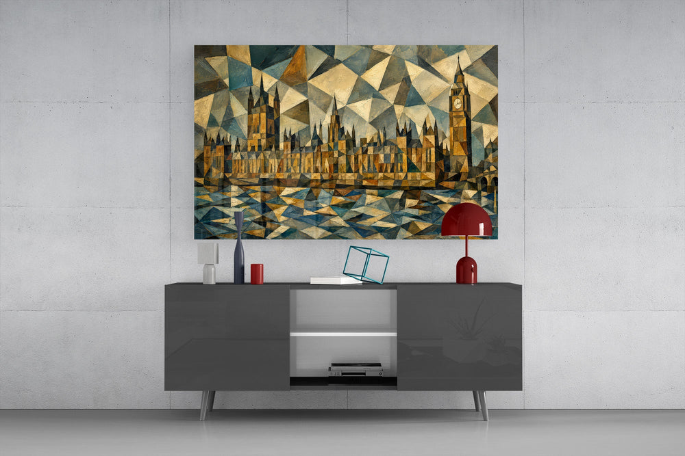 Big Ben Westminster glass wall art displayed above a console in a modern interior