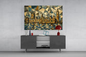 Big Ben Westminster glass wall art displayed above a console in a modern interior