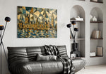 Big Ben Westminster glass wall art styled in a contemporary living room