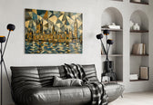 Big Ben Westminster glass wall art styled in a contemporary living room