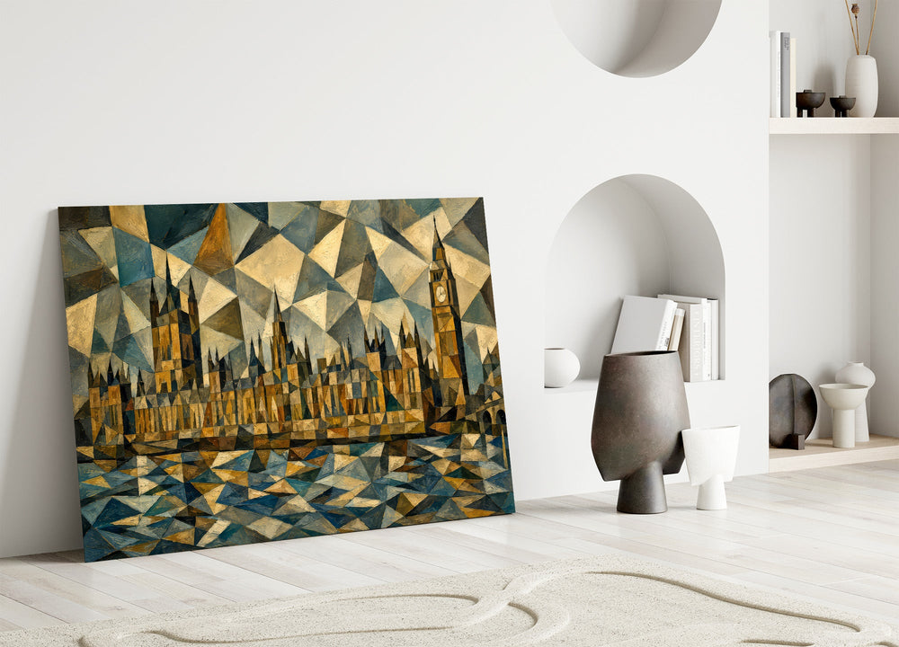 Big Ben Westminster glass wall art leaning against a wall in a minimalist interior