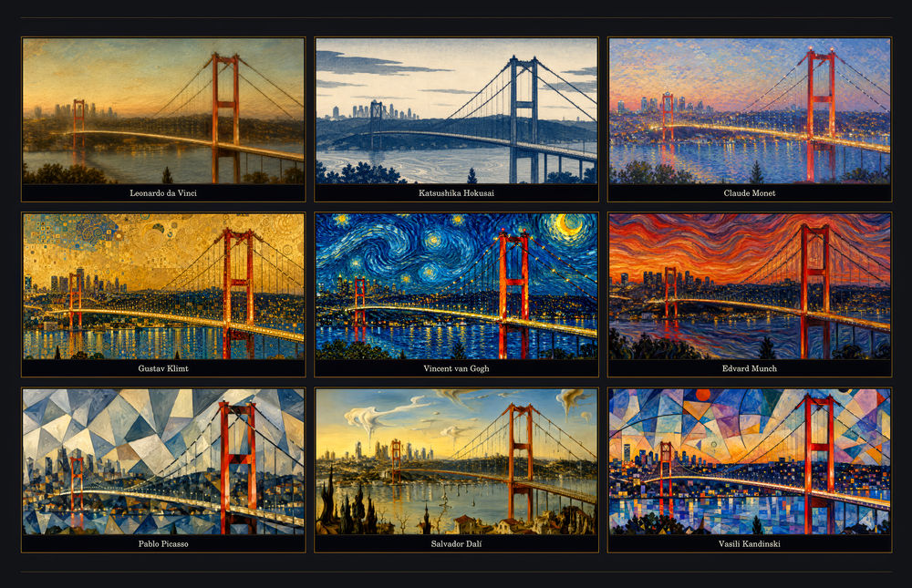 Istanbul Bosphorus Bridge Nine Painting Styles Collage Glass Wall Art