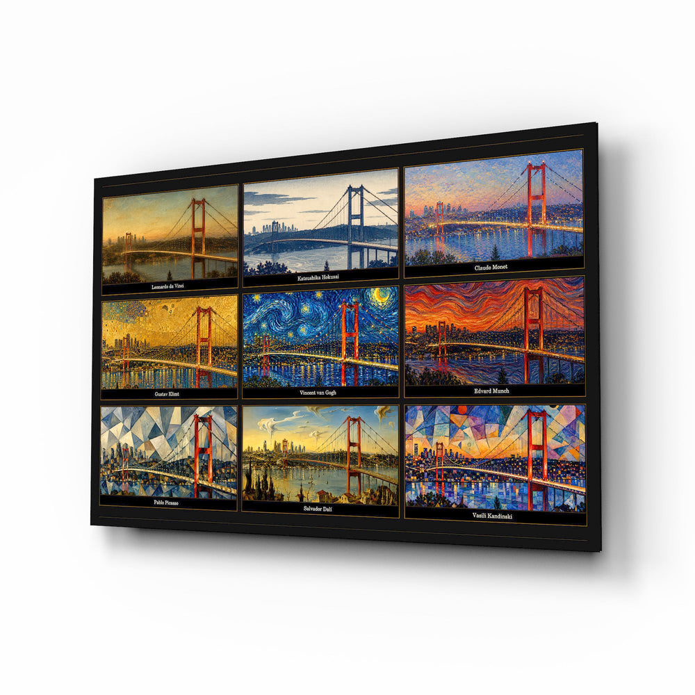 Istanbul Bosphorus Bridge glass wall art, angled view of the tempered glass panel