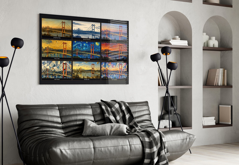 Istanbul Bosphorus Bridge glass wall art styled in a contemporary living room