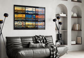 Istanbul Bosphorus Bridge glass wall art styled in a contemporary living room