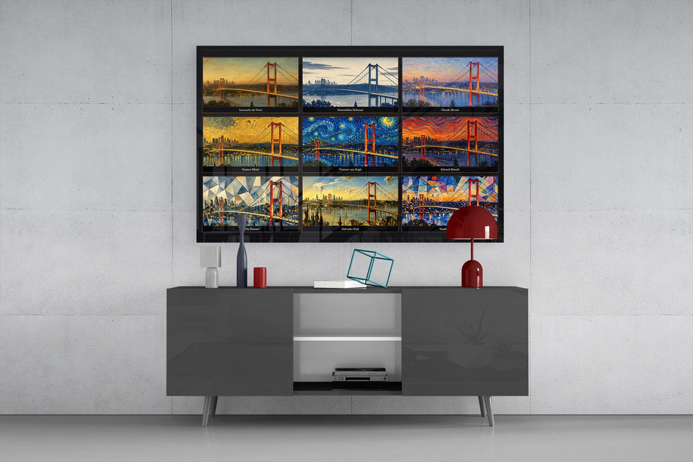 Istanbul Bosphorus Bridge glass wall art displayed above a console in a modern interior
