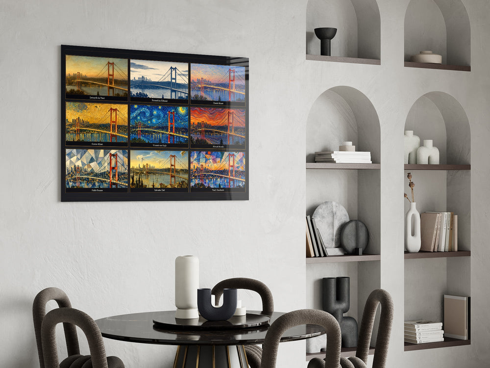 Istanbul Bosphorus Bridge glass wall art shown in a warm, styled interior setting