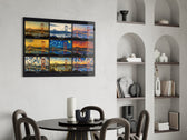 Istanbul Bosphorus Bridge glass wall art shown in a warm, styled interior setting