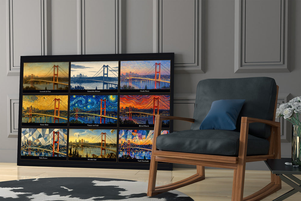 Istanbul Bosphorus Bridge glass wall art hanging as a focal point in a modern room