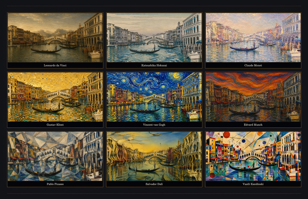 Venice Grand Canal Nine Painting Styles Collage Glass Wall Art