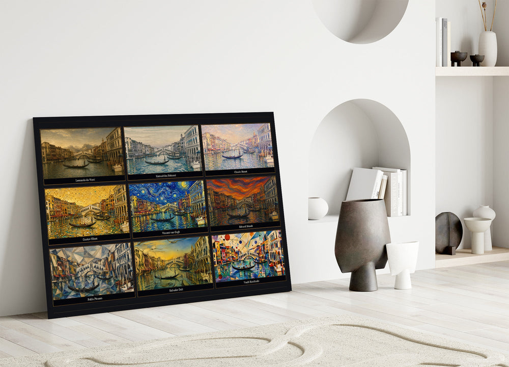 Venice Grand Canal glass wall art leaning against a wall in a minimalist interior