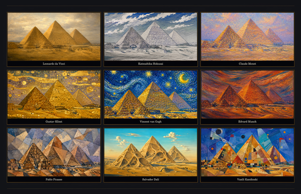 Pyramids of Giza Nine Painting Styles Collage Glass Wall Art