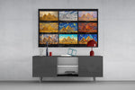 Pyramids of Giza glass wall art displayed above a console in a modern interior