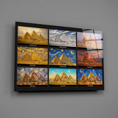 Pyramids of Giza glass wall art mounted flat on a grey wall