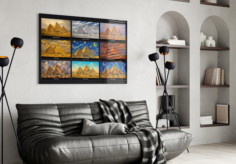 Pyramids of Giza glass wall art styled in a contemporary living room