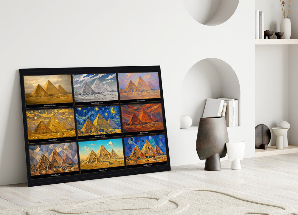 Pyramids of Giza glass wall art leaning against a wall in a minimalist interior