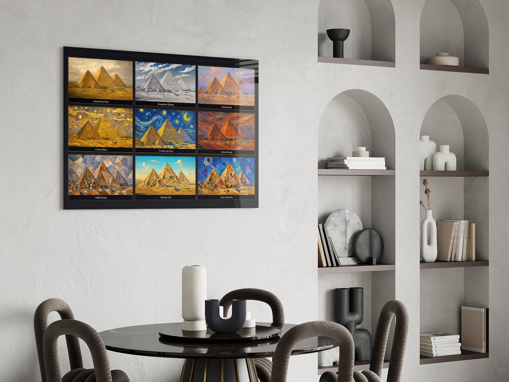 Pyramids of Giza glass wall art shown in a warm, styled interior setting