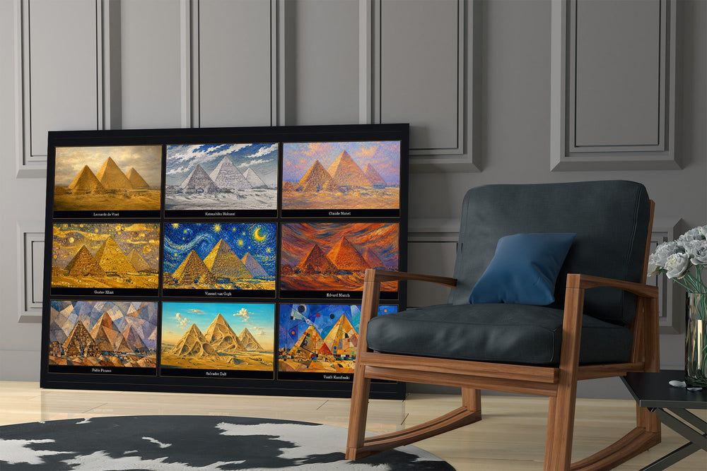 Pyramids of Giza glass wall art hanging as a focal point in a modern room