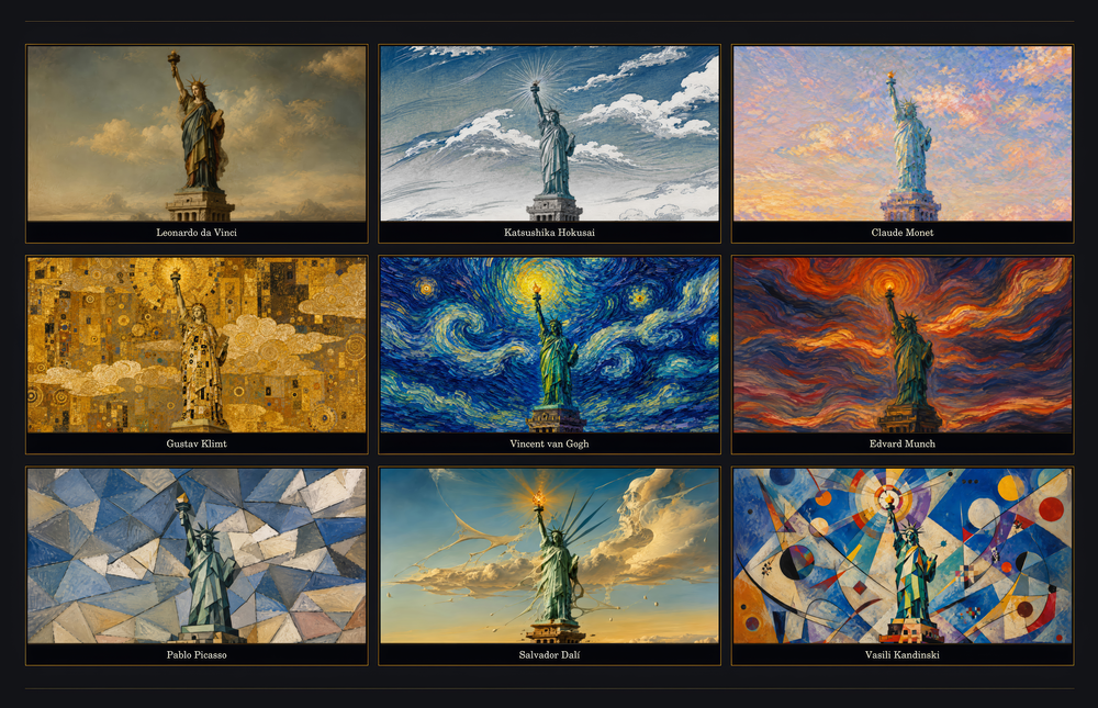 Statue of Liberty Nine Painting Styles Collage Glass Wall Art