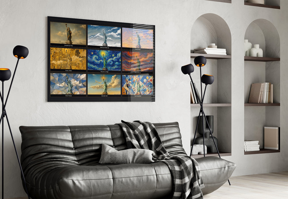 Statue of Liberty glass wall art styled in a contemporary living room