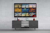 Statue of Liberty glass wall art displayed above a console in a modern interior