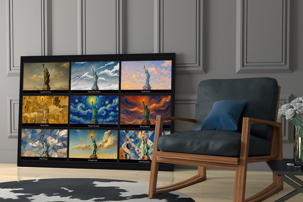 Statue of Liberty glass wall art hanging as a focal point in a modern room