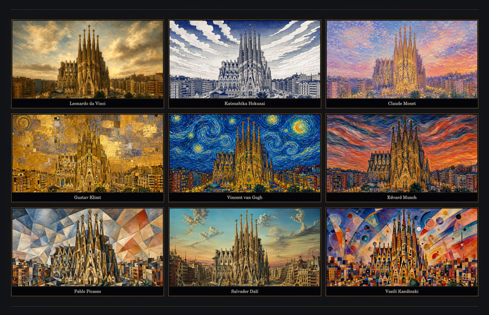 Sagrada Familia Nine Painting Styles Collage Glass Wall Art