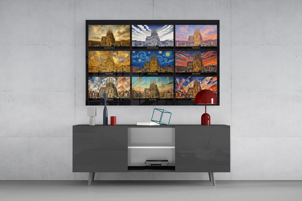 Sagrada Familia glass wall art displayed above a console in a modern interior