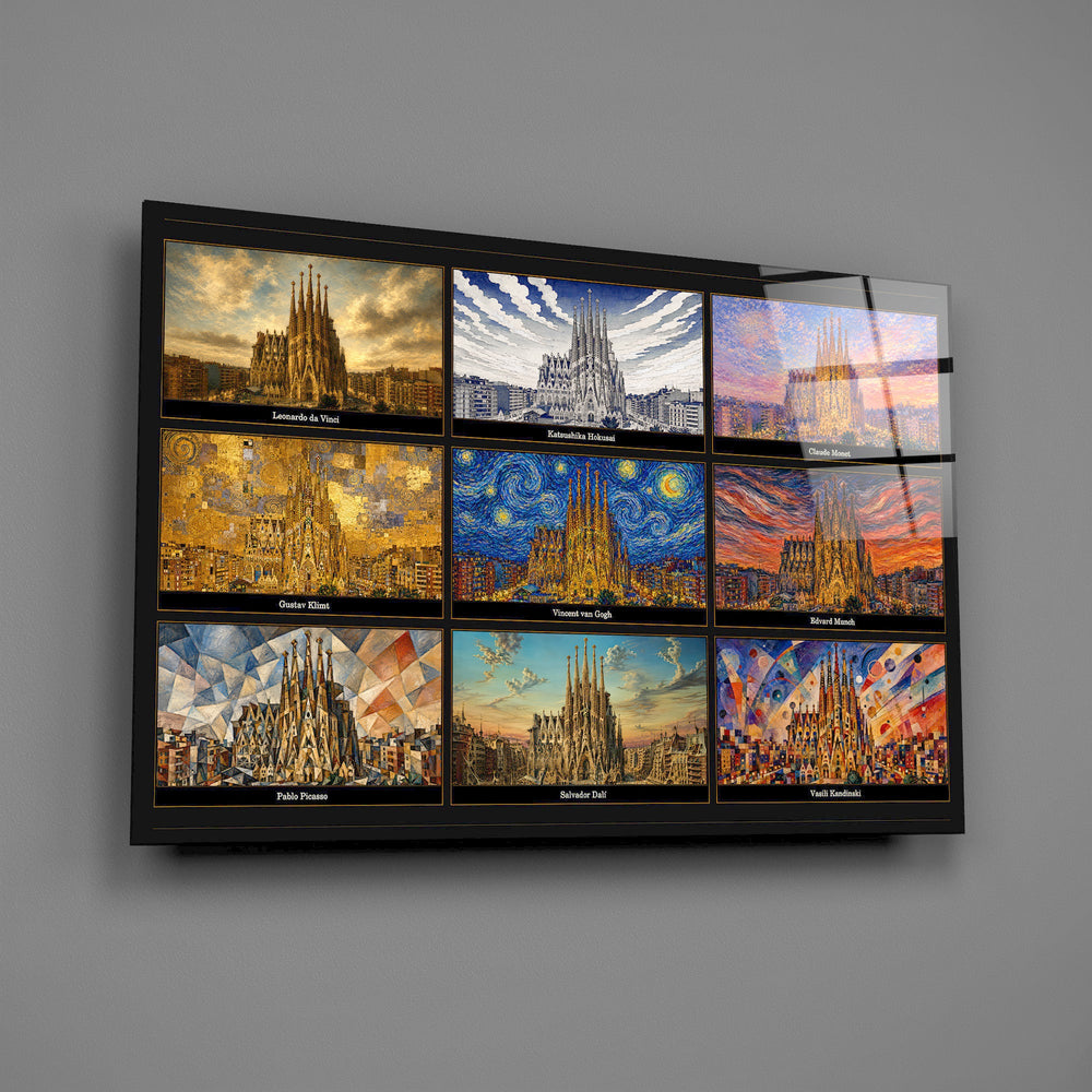 Sagrada Familia glass wall art mounted flat on a grey wall